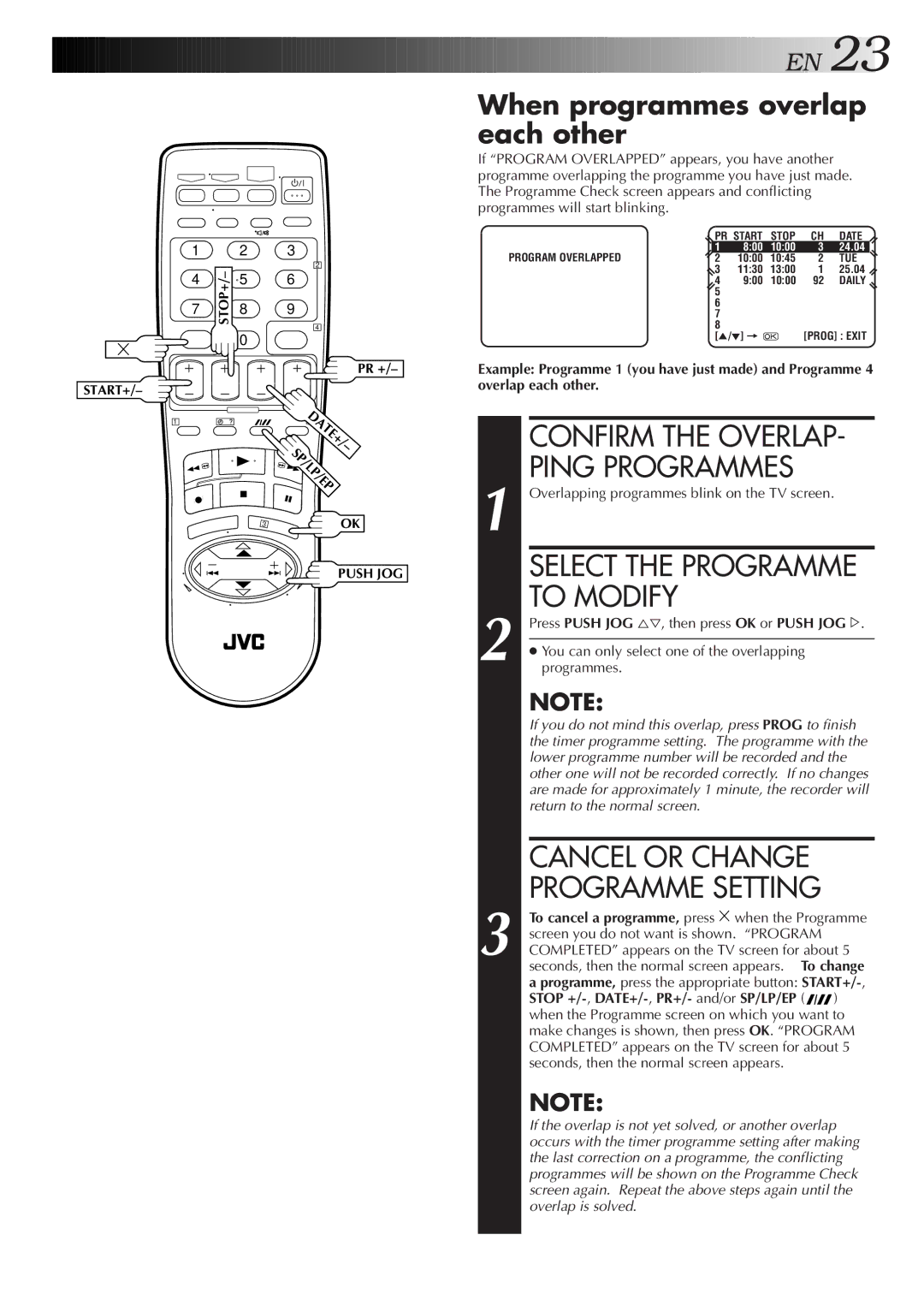 JVC LPT0421-001B, HR-J277MS Confirm the Overlap, Ping Programmes, Select the Programme, To Modify, Cancel or Change 