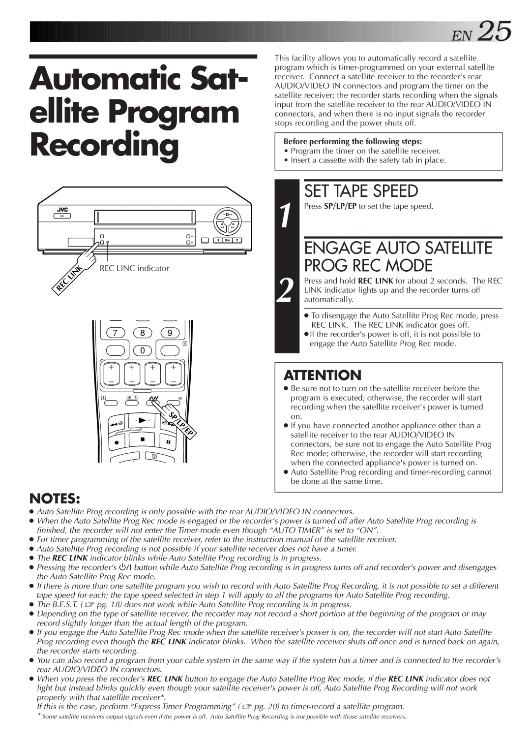 JVC HR-J271MS Automatic Sat- ellite Program Recording, REC Linc indicator, Before performing the following steps 