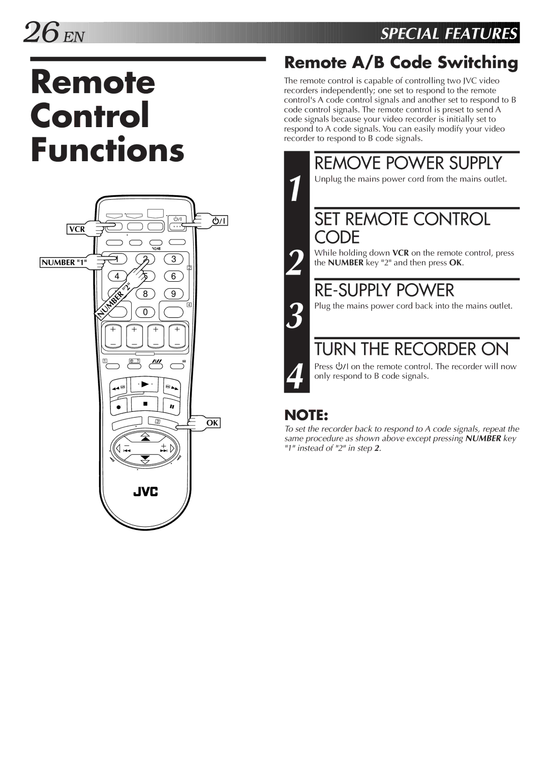 JVC LPT0421-001B, HR-J277MS Remote Control Functions, Remove Power Supply, SET Remote Control Code, RE-SUPPLY Power 