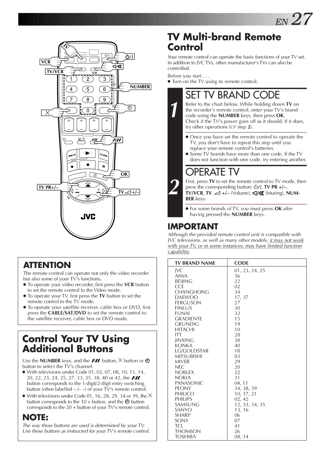 JVC HR-J277MS SET TV Brand Code, Control Your TV Using Additional Buttons, TV Multi-brand Remote Control, Tv/Vcr, Tv 