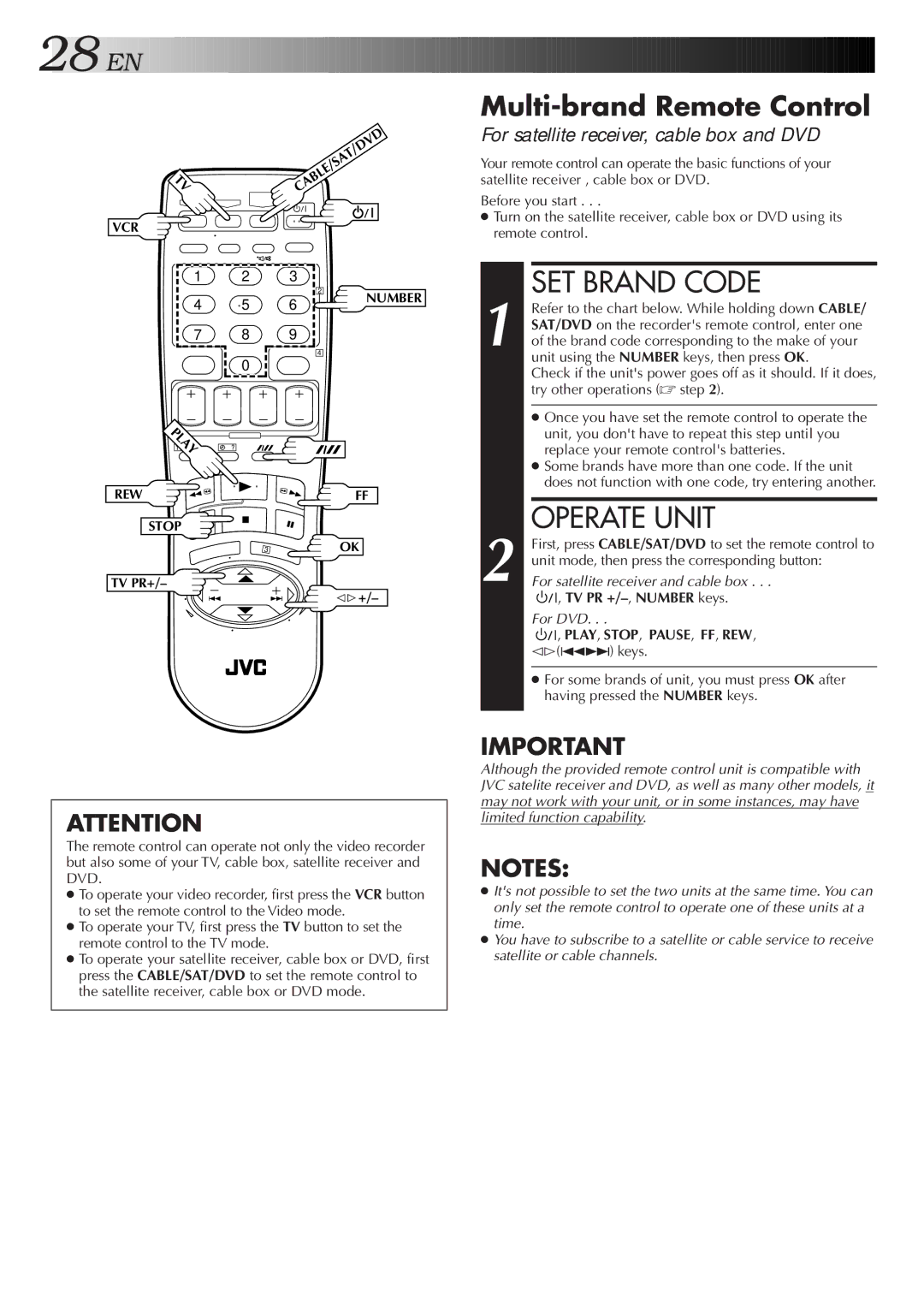 JVC HR-J271MS SET Brand Code, Operate Unit, Multi-brand Remote Control, TV PR +/-,NUMBER keys, Play, Stop, Pause, Ff, Rew 