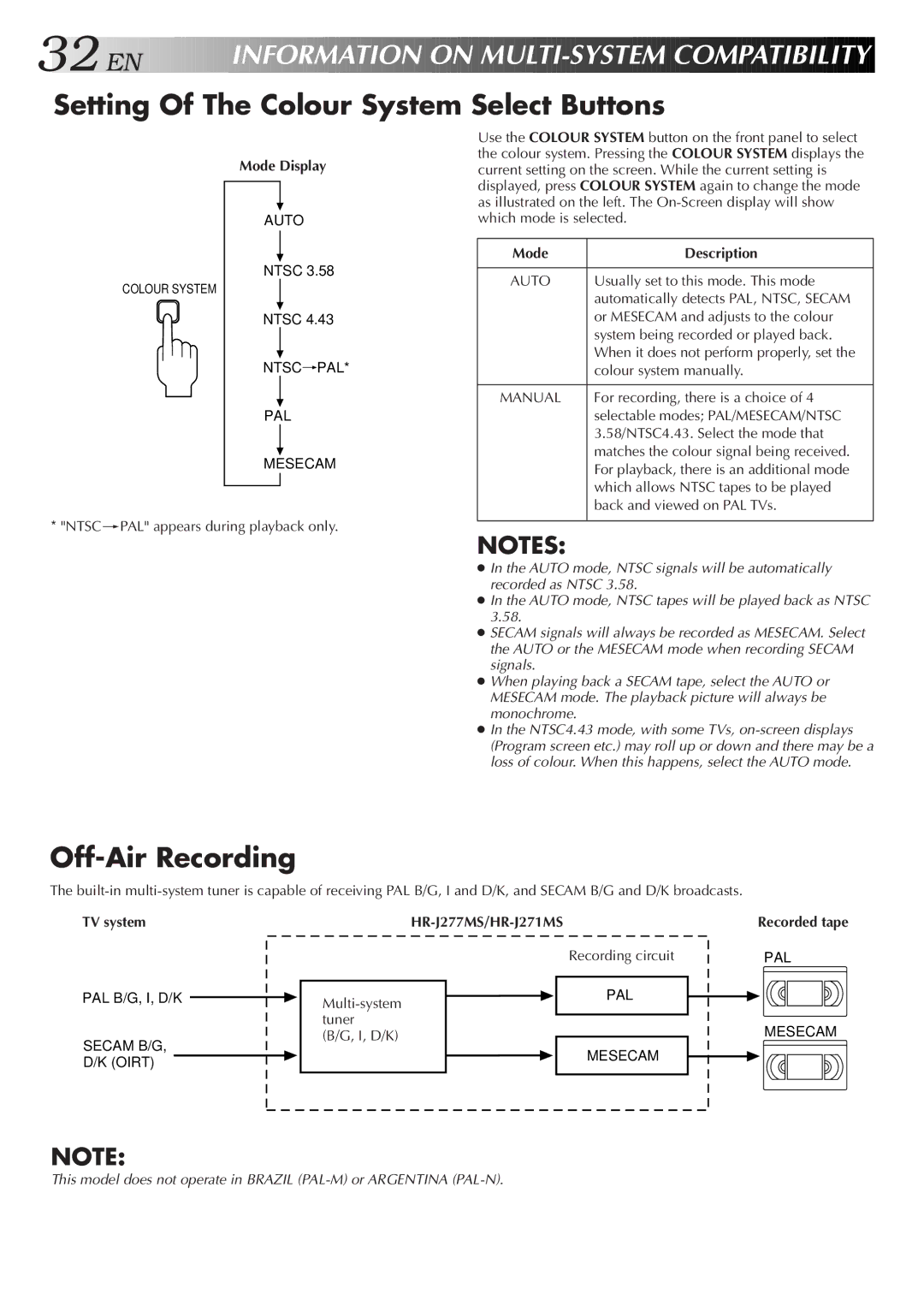 JVC LPT0421-001B, HR-J277MS Setting Of The Colour System Select Buttons, Off-Air Recording, Mode Display, Description 