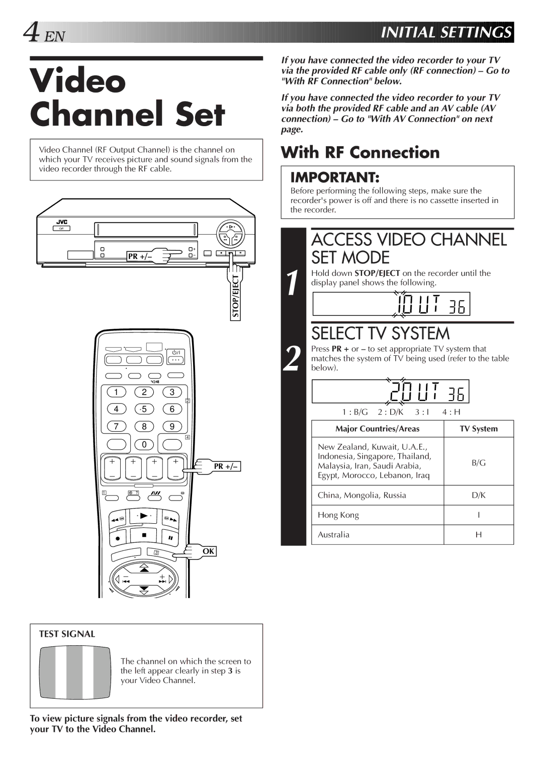 JVC HR-J271MS, HR-J277MS Video Channel Set, Access Video Channel SET Mode, Select TV System, EN I Nitial Sett Ings 