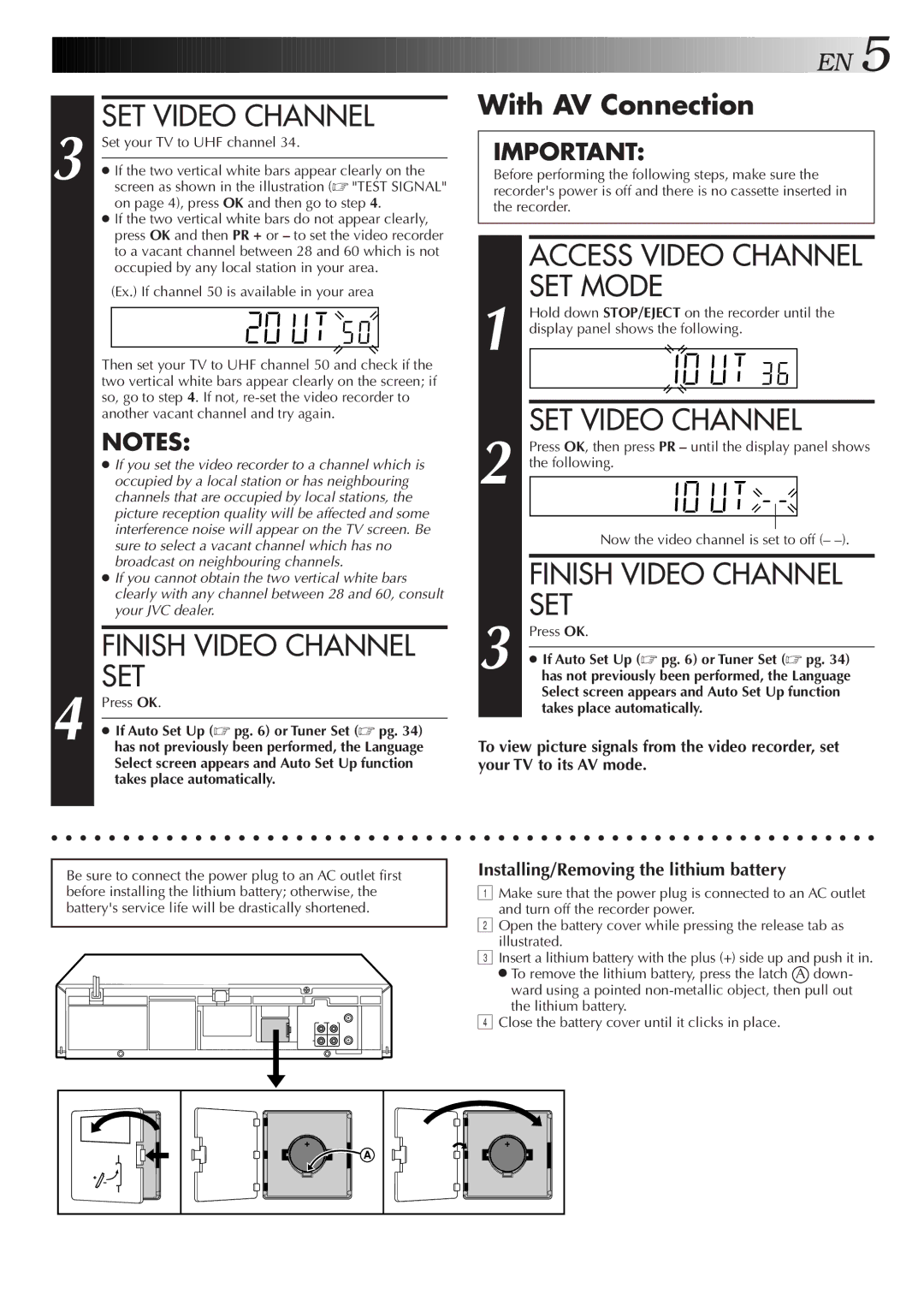 JVC LPT0421-001B, HR-J277MS, HR-J271MS specifications SET Video Channel, Finish Video Channel SET, Set, With AV Connection 