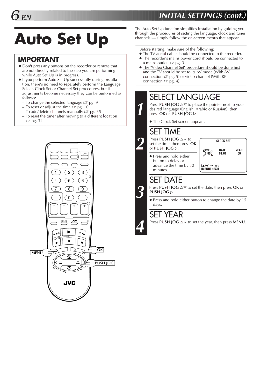 JVC HR-J277MS, HR-J271MS, LPT0421-001B specifications Auto Set Up, Select Language, SET Time, SET Date, SET Year 