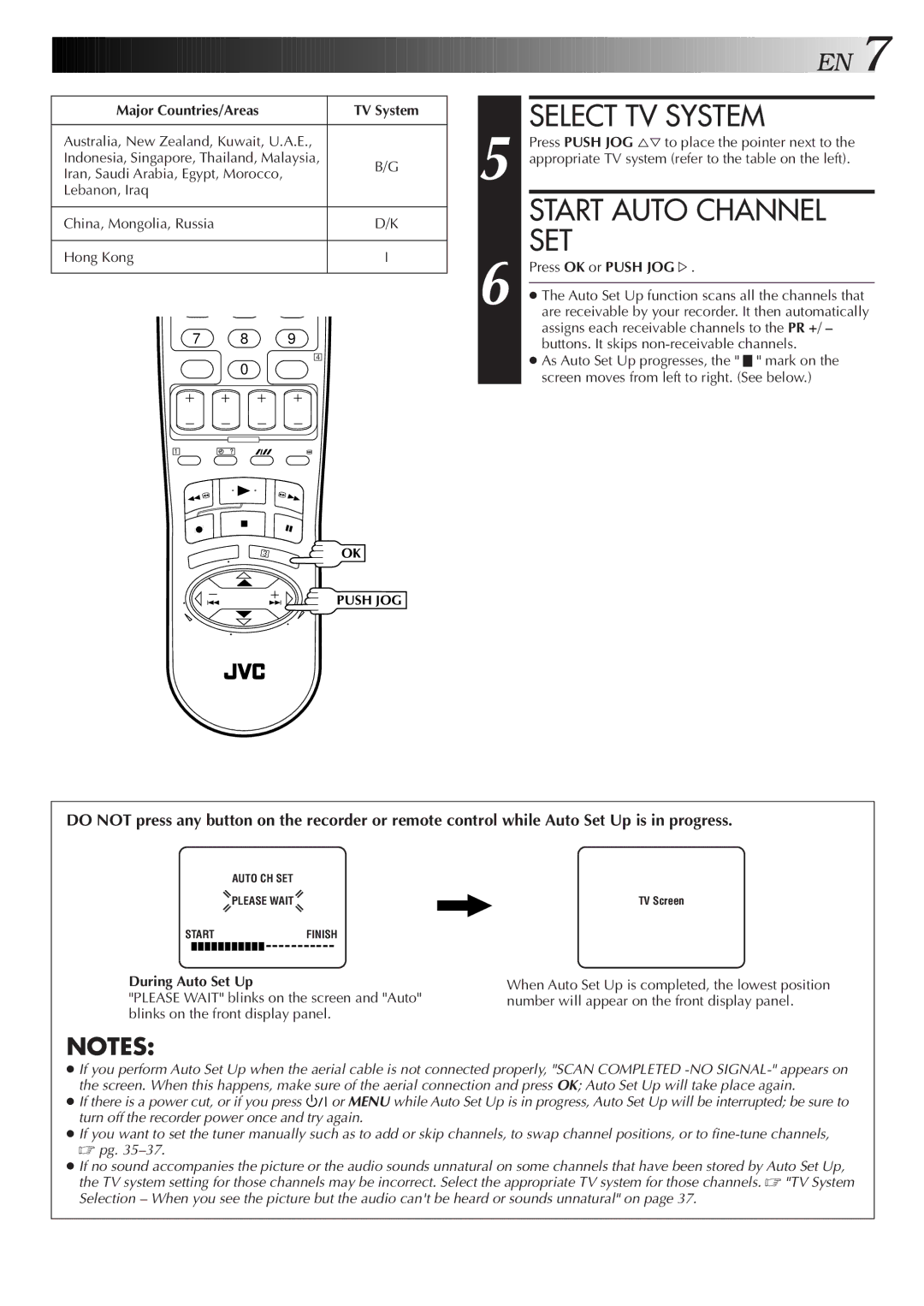 JVC HR-J271MS Start Auto Channel SET, Major Countries/Areas TV System, Press OK or Push JOG Þ, During Auto Set Up 