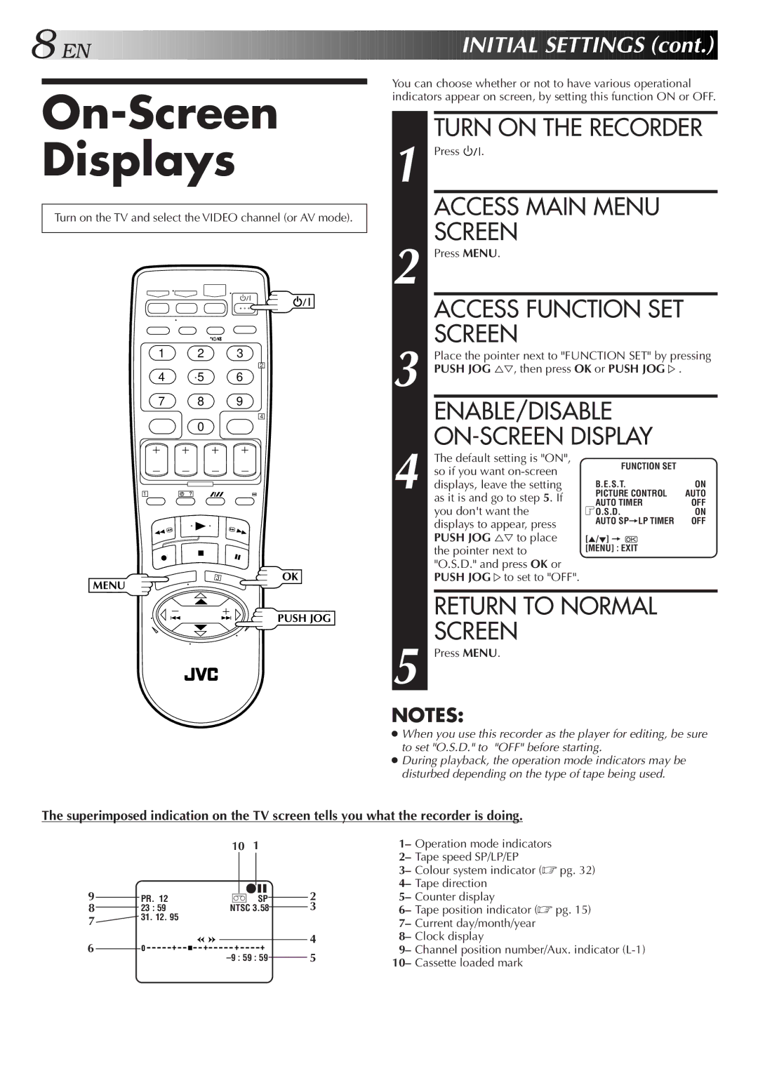 JVC LPT0421-001B On-Screen Displays, Turn on the Recorder, Access Main Menu Screen, ENABLE/DISABLE ON-SCREEN Display 