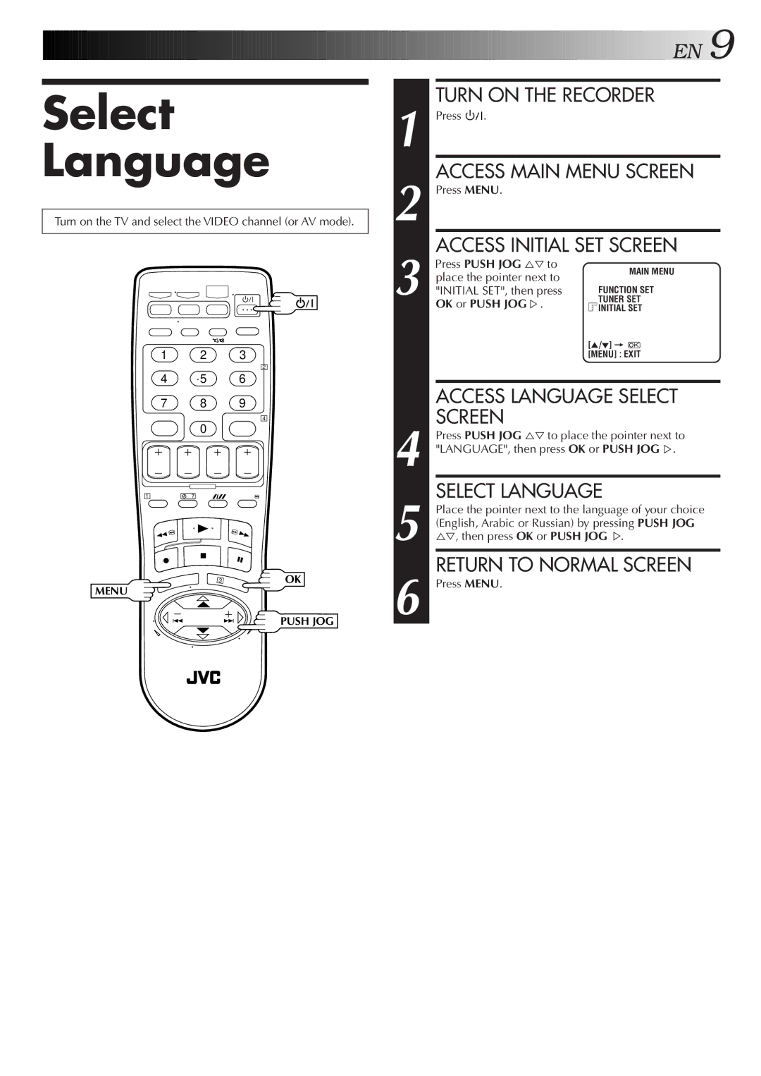 JVC HR-J277MS, HR-J271MS, LPT0421-001B specifications Select Language, Access Initial SET Screen 