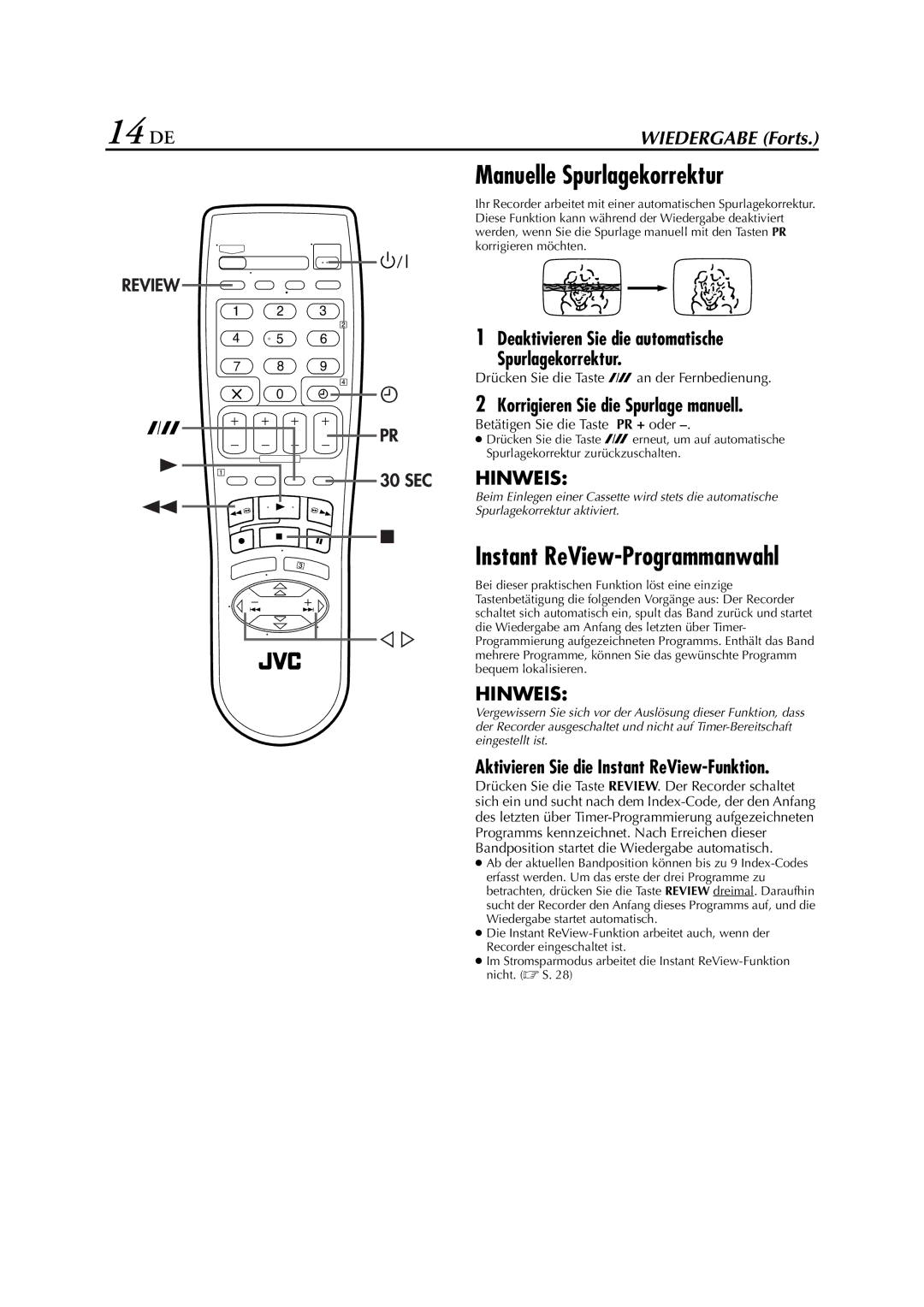 JVC HR-J278EU manual Manuelle Spurlagekorrektur, Instant ReView-Programmanwahl, Korrigieren Sie die Spurlage manuell 