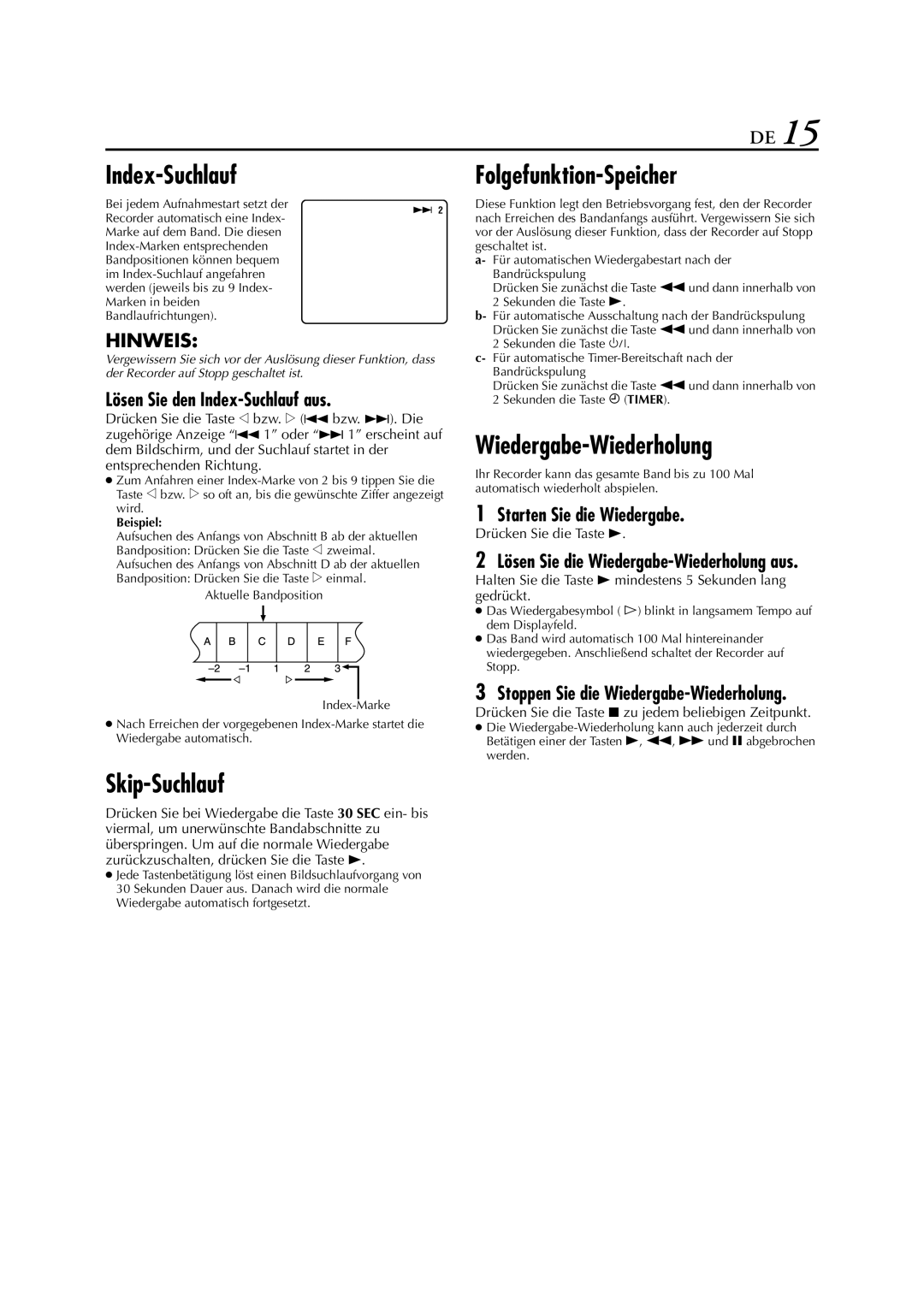 JVC HR-J278EU manual Index-Suchlauf, Skip-Suchlauf, Folgefunktion-Speicher, Wiedergabe-Wiederholung 