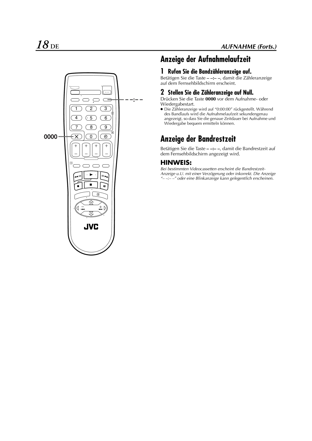 JVC HR-J278EU manual 18 DE, Anzeige der Bandrestzeit, Stellen Sie die Zähleranzeige auf Null 