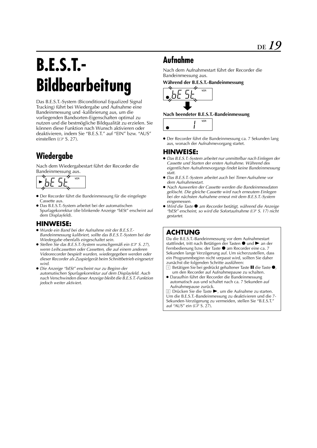 JVC HR-J278EU manual Wiedergabe, Aufnahme 