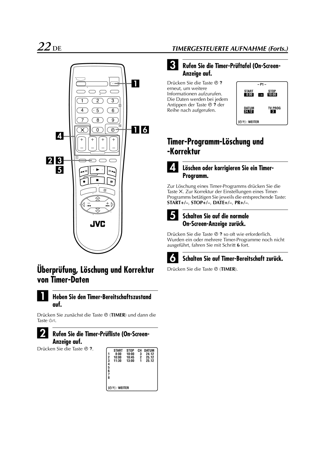 JVC HR-J278EU manual 22 DE, Überprüfung, Löschung und Korrektur von Timer-Daten 