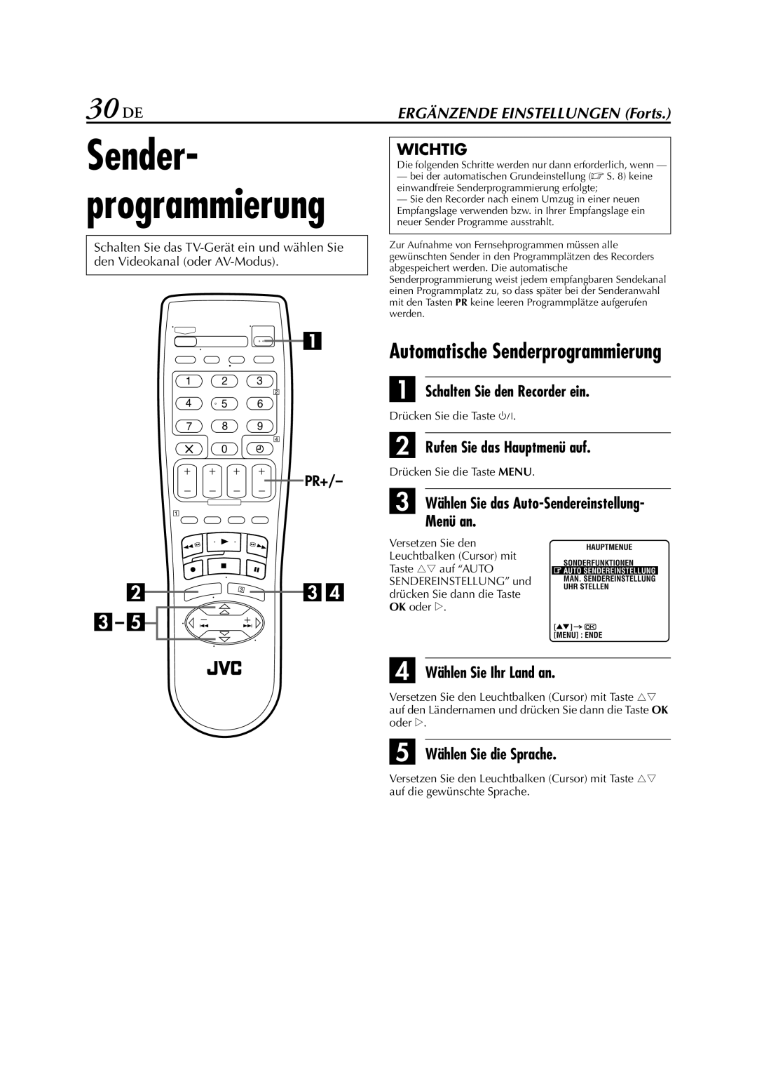 JVC HR-J278EU manual 30 DE, Menü an 