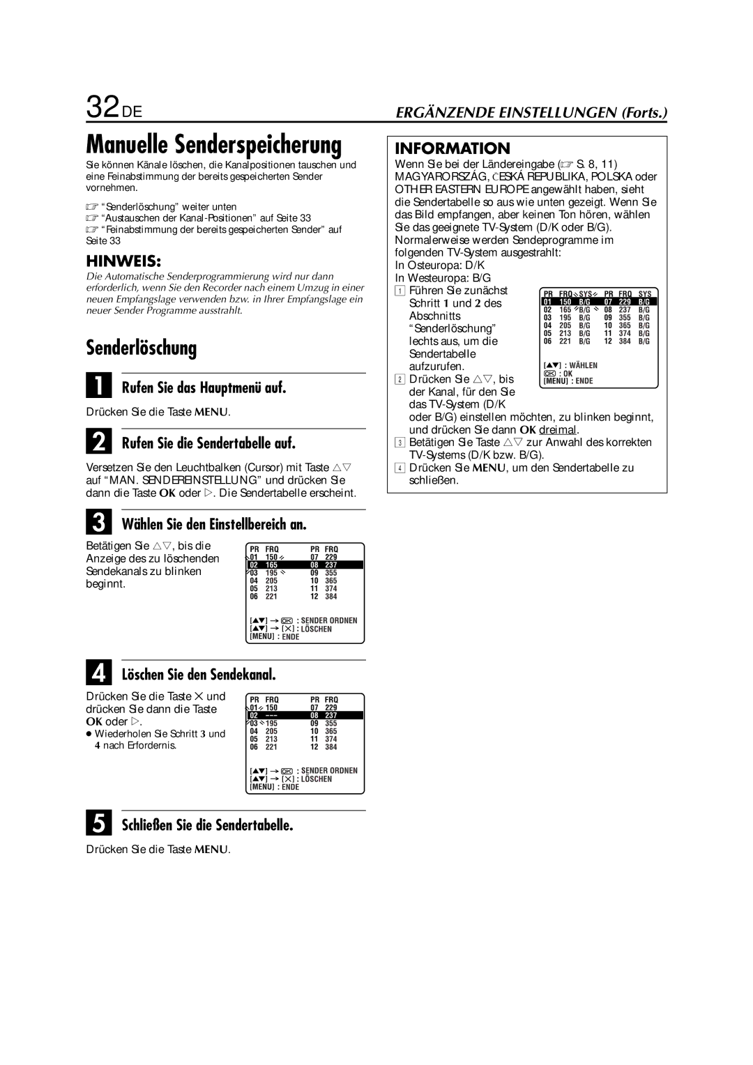 JVC HR-J278EU manual 32 DE, Senderlöschung, Information 