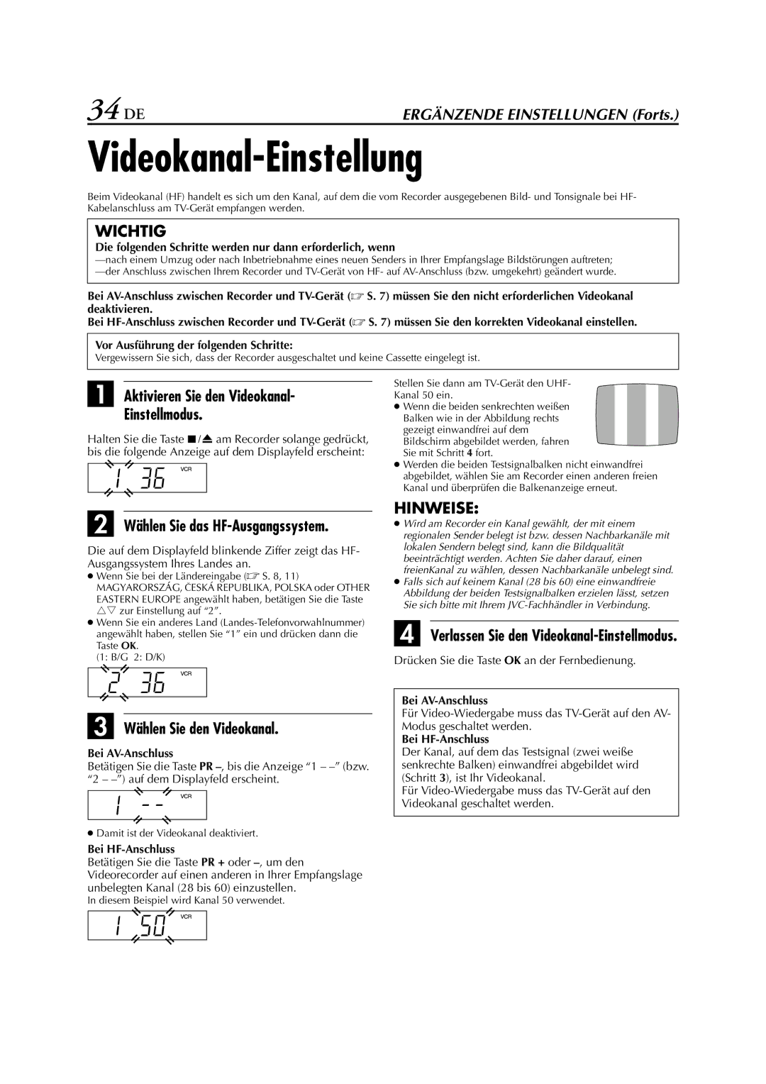 JVC HR-J278EU manual 34 DE, Aktivieren Sie den Videokanal Einstellmodus, Wählen Sie das HF-Ausgangssystem 