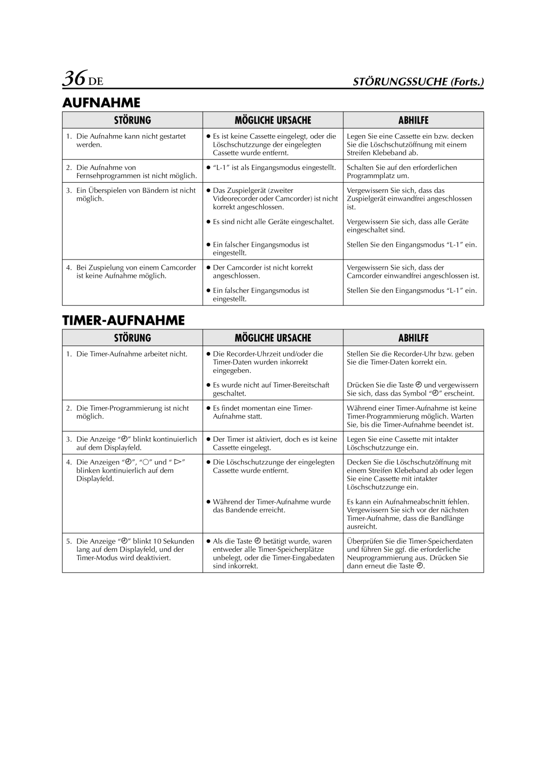 JVC HR-J278EU manual 36 DE, Aufnahme 