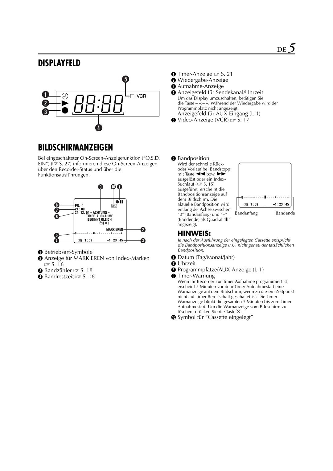 JVC HR-J278EU manual Displayfeld, Hinweis 