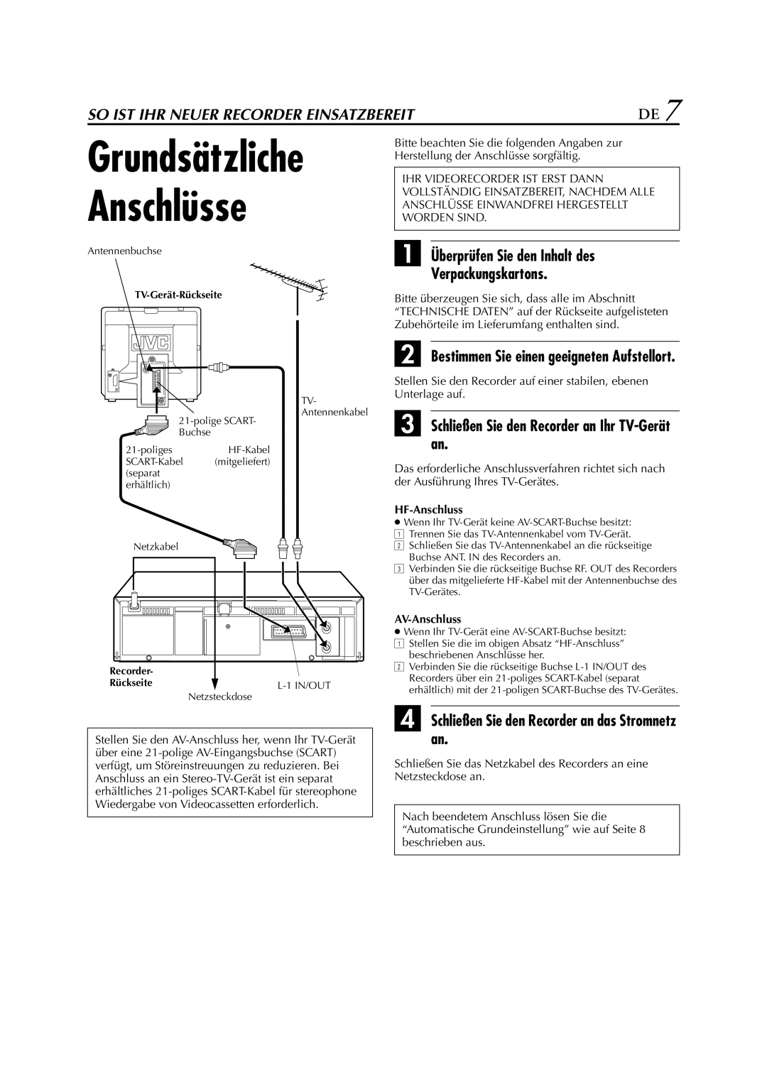 JVC HR-J278EU manual Überprüfen Sie den Inhalt des Verpackungskartons, Schließen Sie den Recorder an Ihr TV-Gerät an 