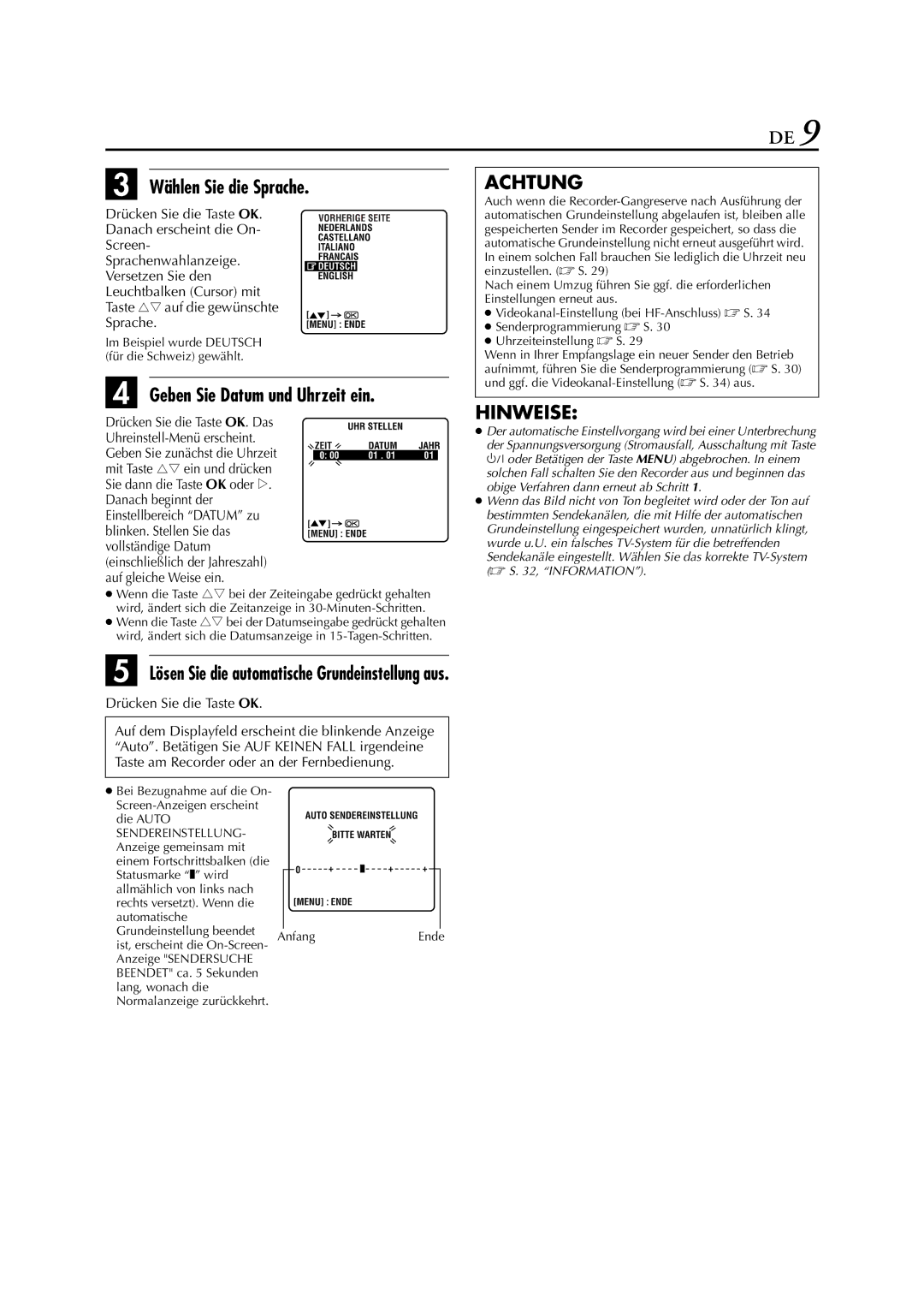 JVC HR-J278EU manual Wählen Sie die Sprache, Geben Sie Datum und Uhrzeit ein, Achtung, Drücken Sie die Taste OK 