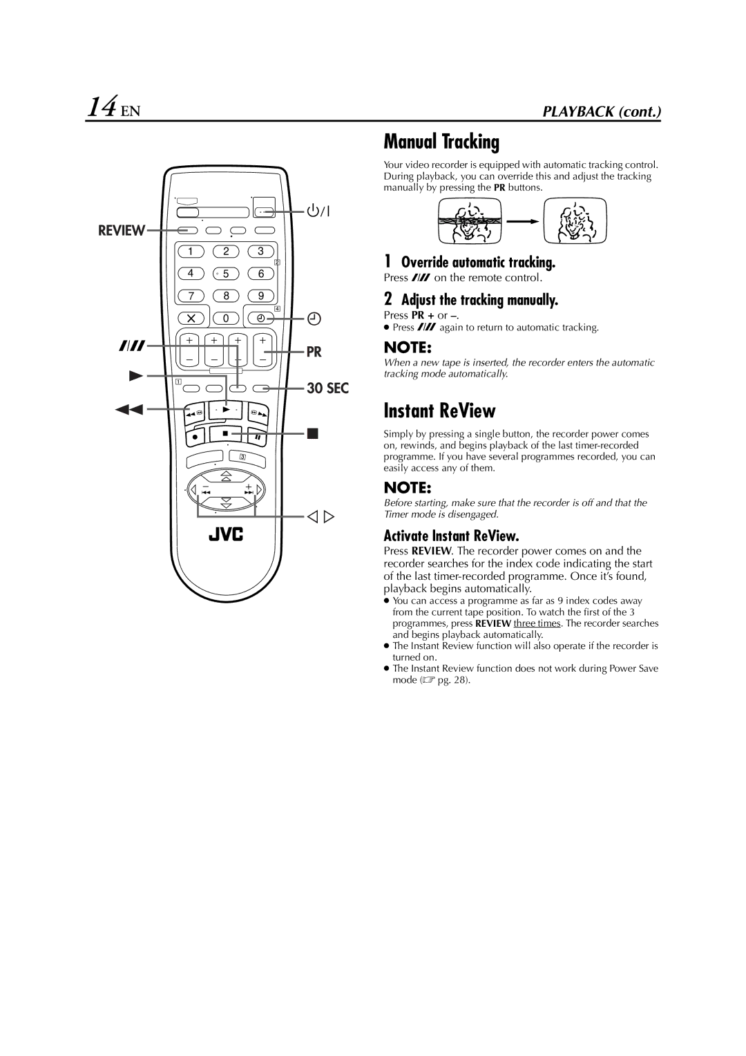 JVC HR-J278EU specifications 14 EN, Manual Tracking, Instant ReView 