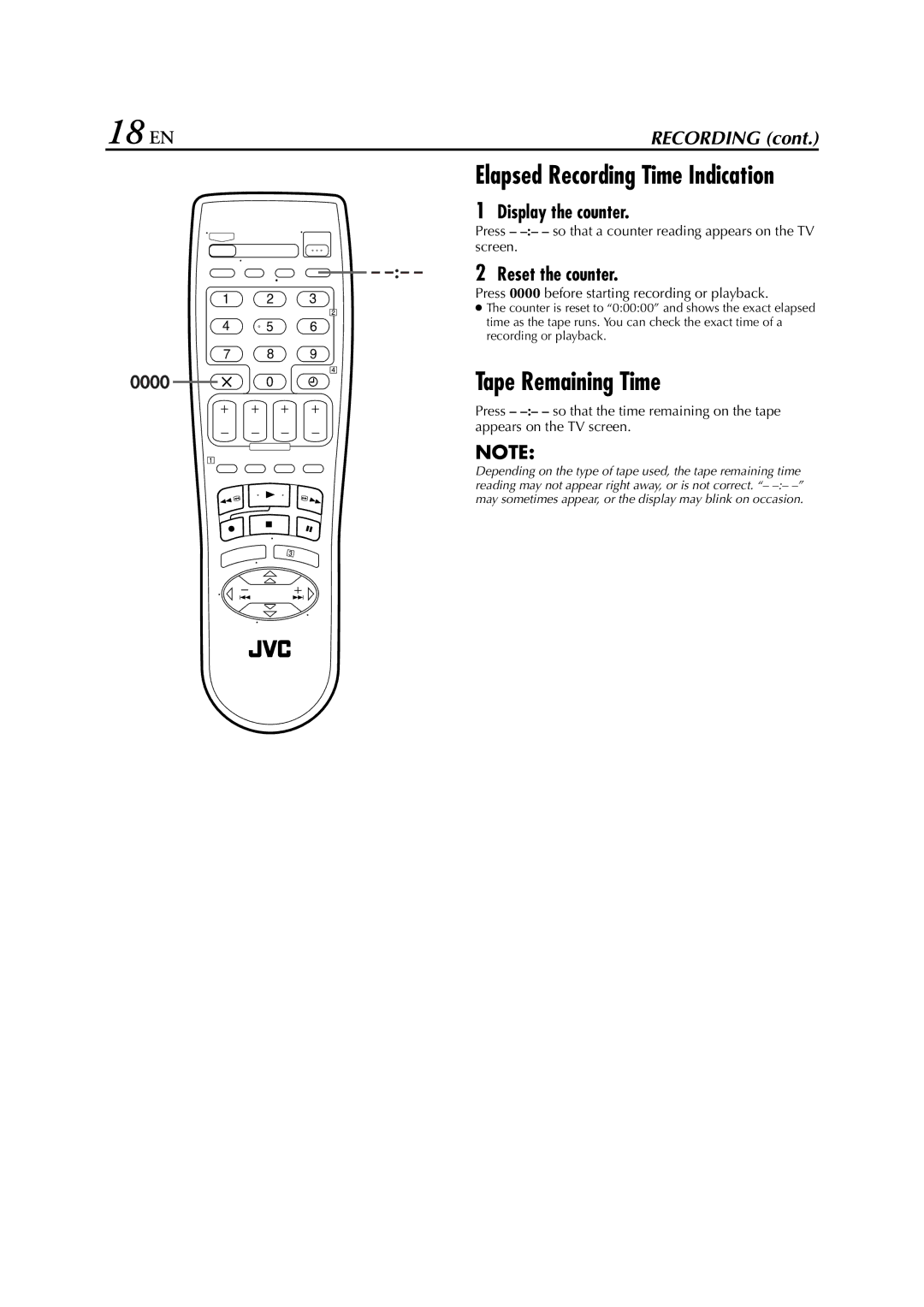 JVC HR-J278EU 18 EN, Tape Remaining Time, Reset the counter, Press -- so that a counter reading appears on the TV screen 