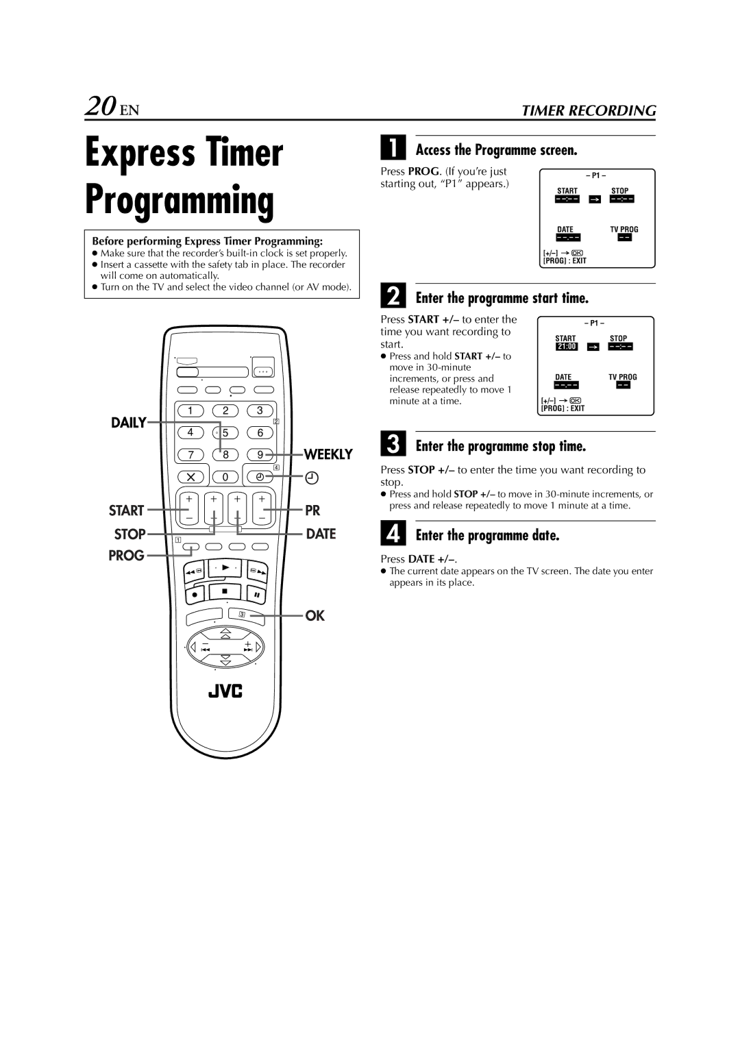 JVC HR-J278EU specifications Express Timer Programming, 20 EN 