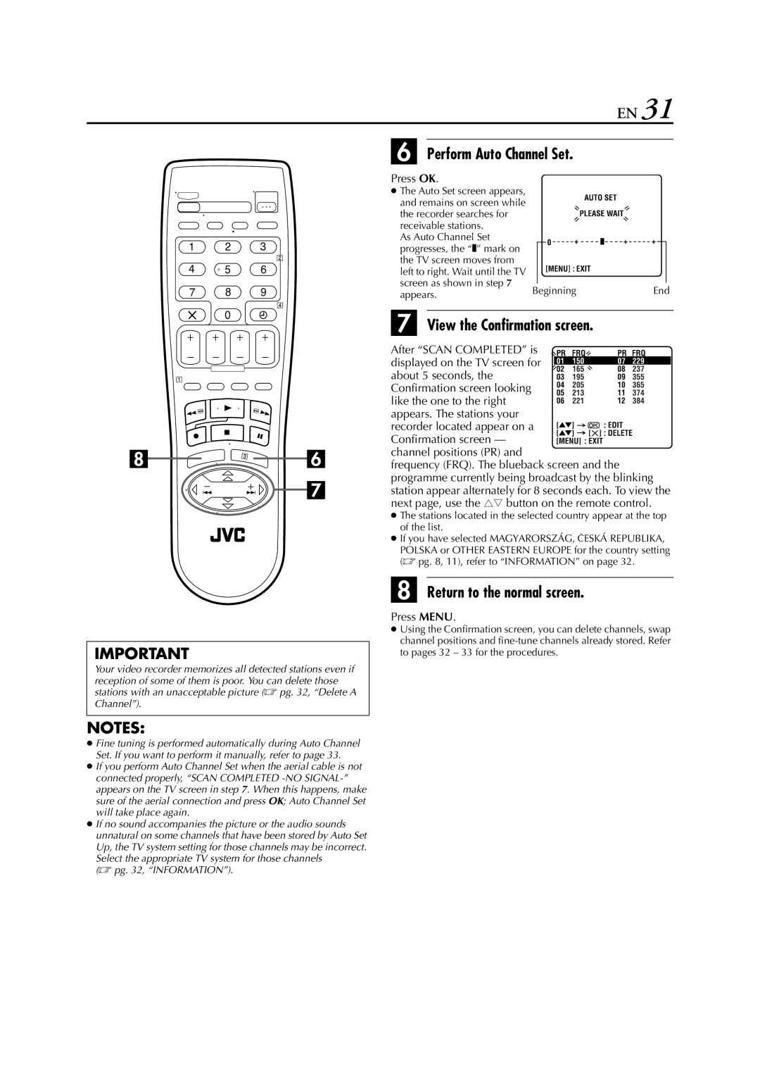 JVC HR-J278EU specifications Perform Auto Channel Set, View the Confirmation screen, Press OK 