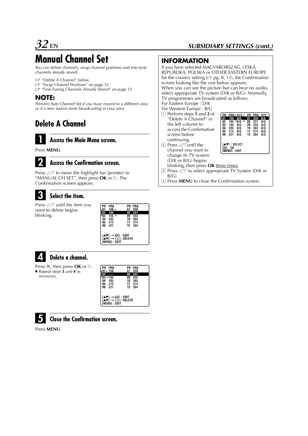 JVC HR-J278EU specifications 32 EN, Delete a Channel 