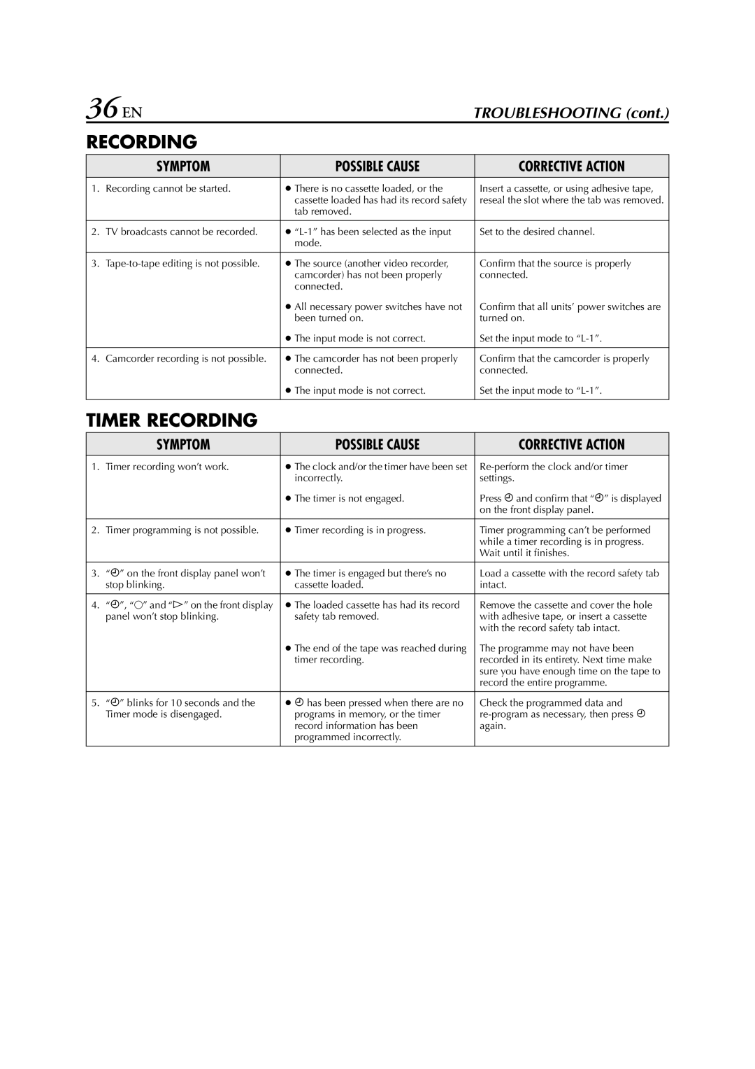 JVC HR-J278EU specifications 36 EN, Recording 