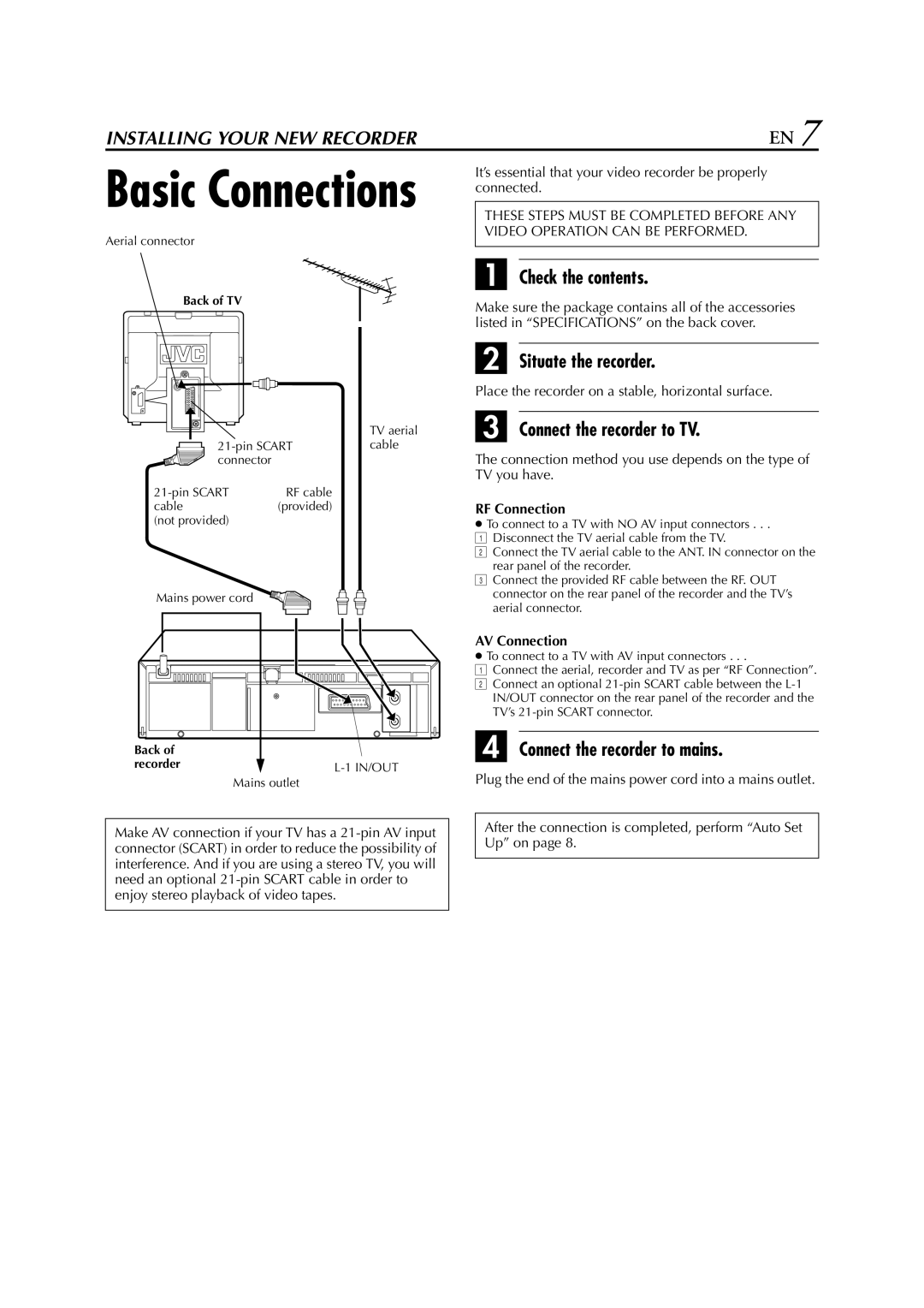 JVC HR-J278EU Check the contents, Situate the recorder, Connect the recorder to TV, Connect the recorder to mains 