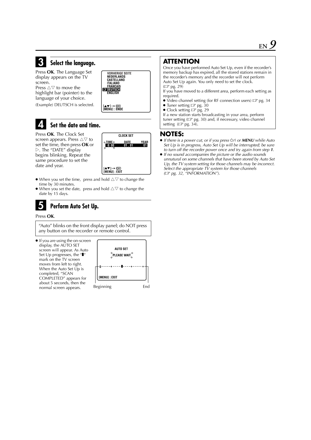 JVC HR-J278EU specifications Select the language, Set the date and time, Perform Auto Set Up 