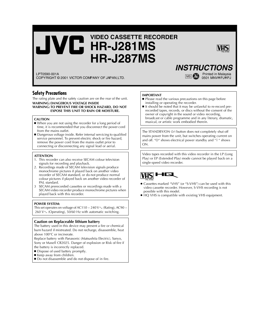 JVC LPT0590-001A manual HR-J281MS HR-J287MS, Safety Precautions 