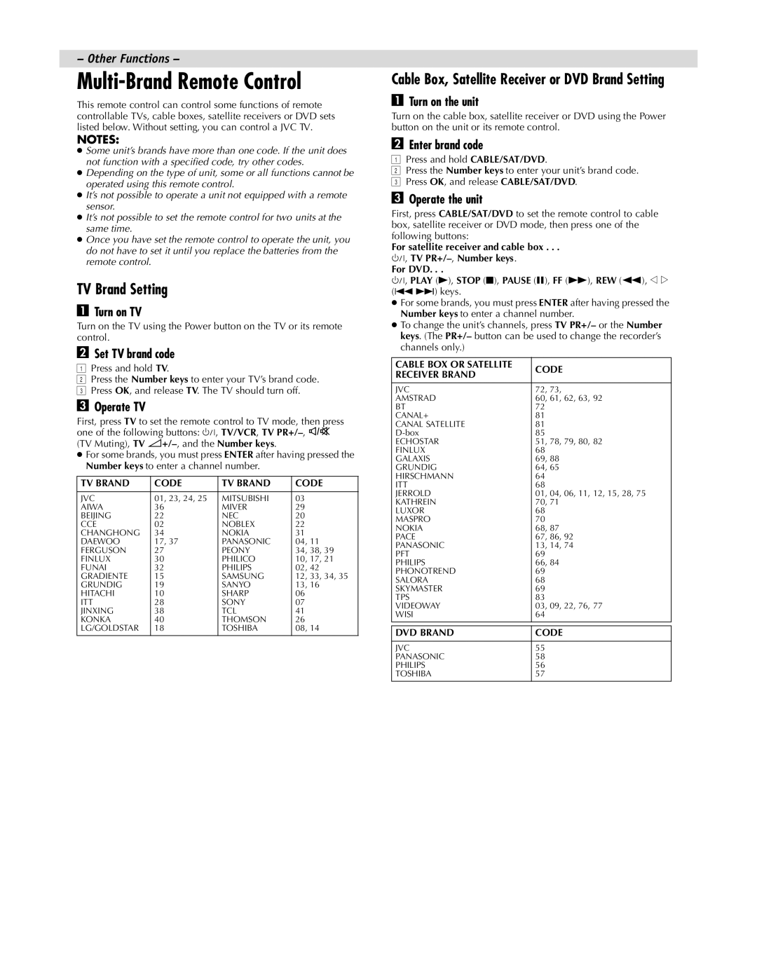 JVC LPT0590-001A, HR-J287MS, HR-J281MS manual Multi-Brand Remote Control, TV Brand Setting 