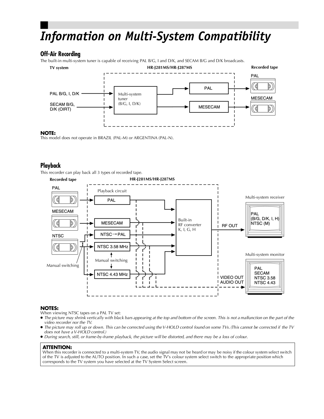 JVC LPT0590-001A Information on Multi-System Compatibility, Off-Air Recording, Playback, TV system HR-J281MS/HR-J287MS 