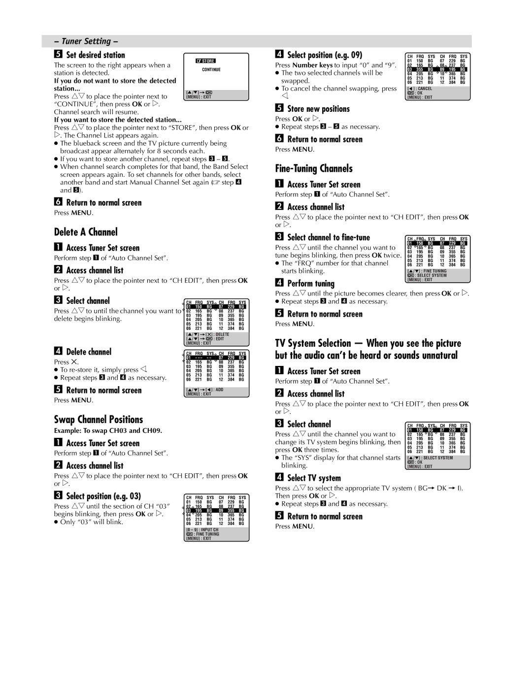 JVC HR-J287MS, HR-J281MS, LPT0590-001A manual Fine-Tuning Channels, Delete a Channel, Swap Channel Positions 