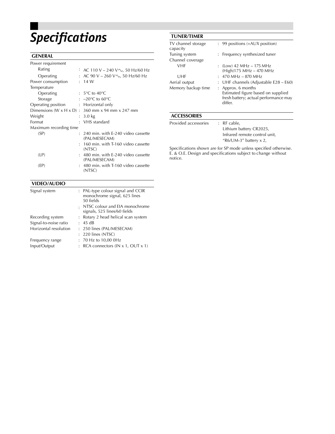 JVC HR-J281MS, HR-J287MS, LPT0590-001A manual Specifications, General 