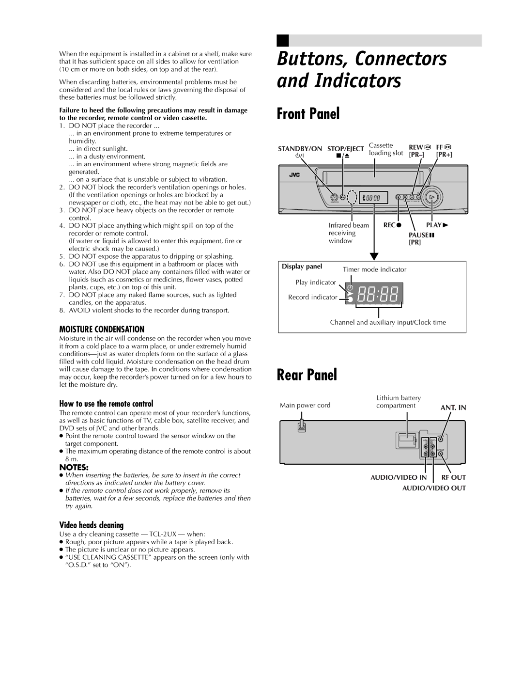 JVC LPT0590-001A, HR-J287MS Front Panel, Rear Panel, How to use the remote control, Video heads cleaning, Display panel 