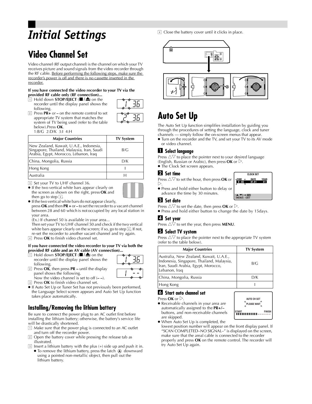 JVC HR-J281MS, HR-J287MS manual Initial Settings, Video Channel Set, Auto Set Up, Installing/Removing the lithium battery 