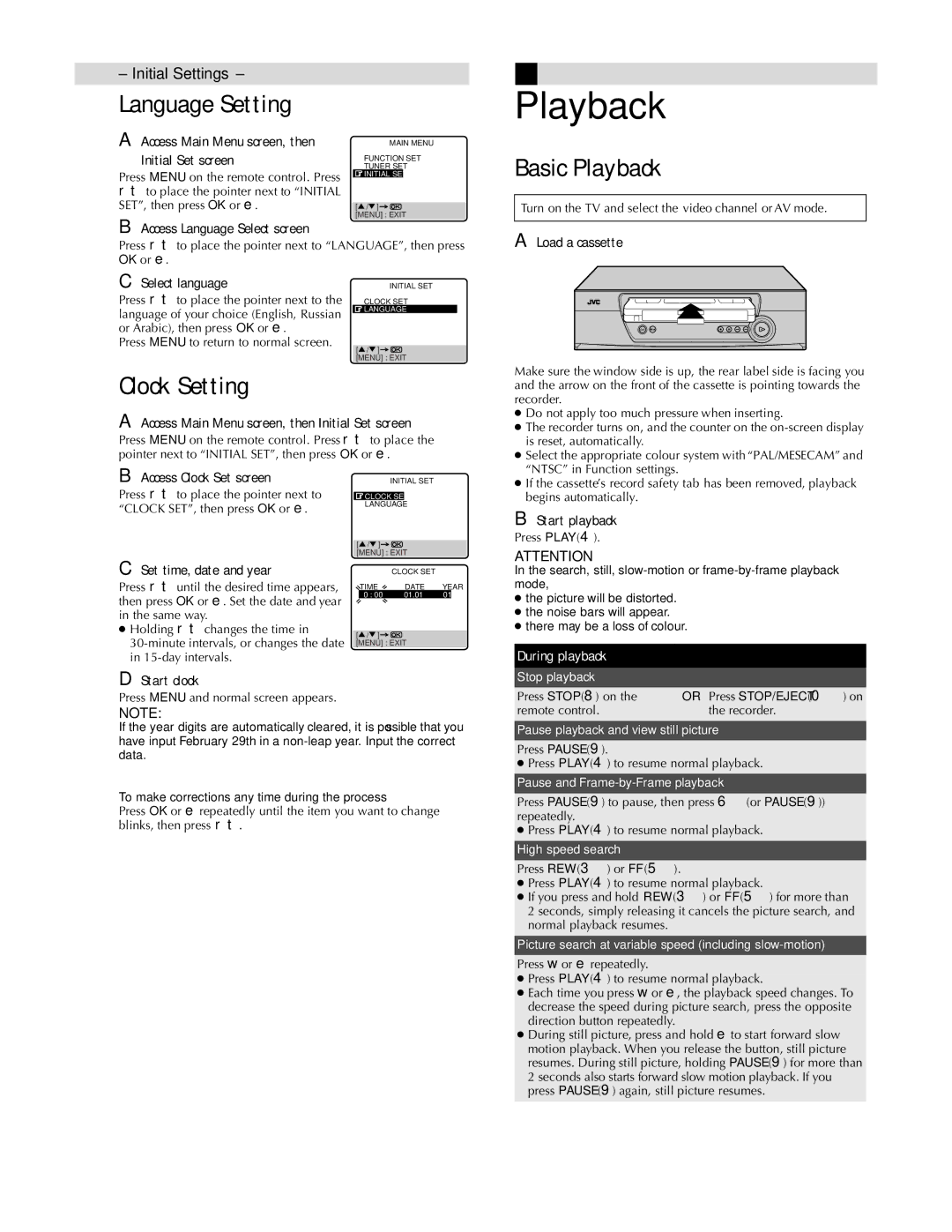 JVC LPT0590-001A, HR-J287MS, HR-J281MS manual Basic Playback, Clock Setting 