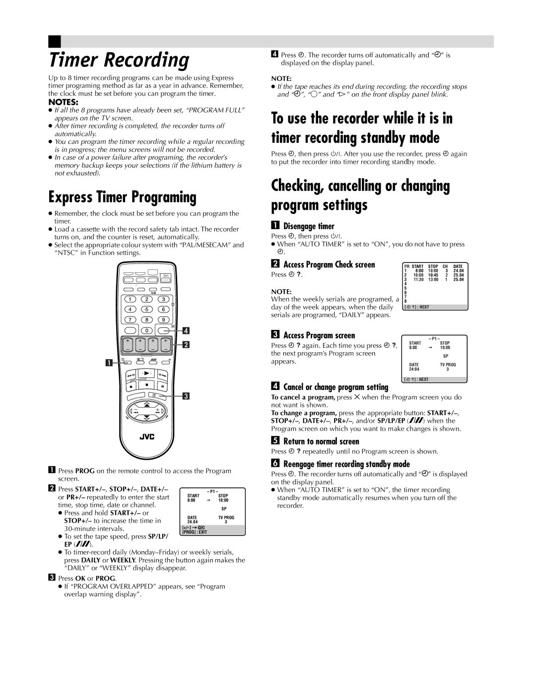 JVC LPT0590-001A, HR-J287MS, HR-J281MS manual Timer Recording, Express Timer Programing 