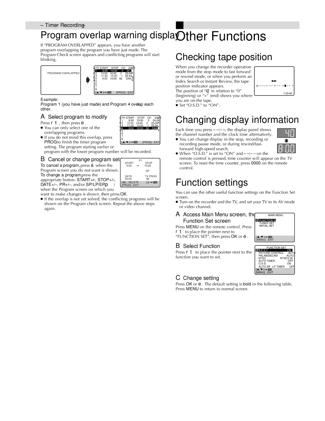 JVC HR-J287MS, HR-J281MS, LPT0590-001A manual Other Functions, Checking tape position, Function settings 