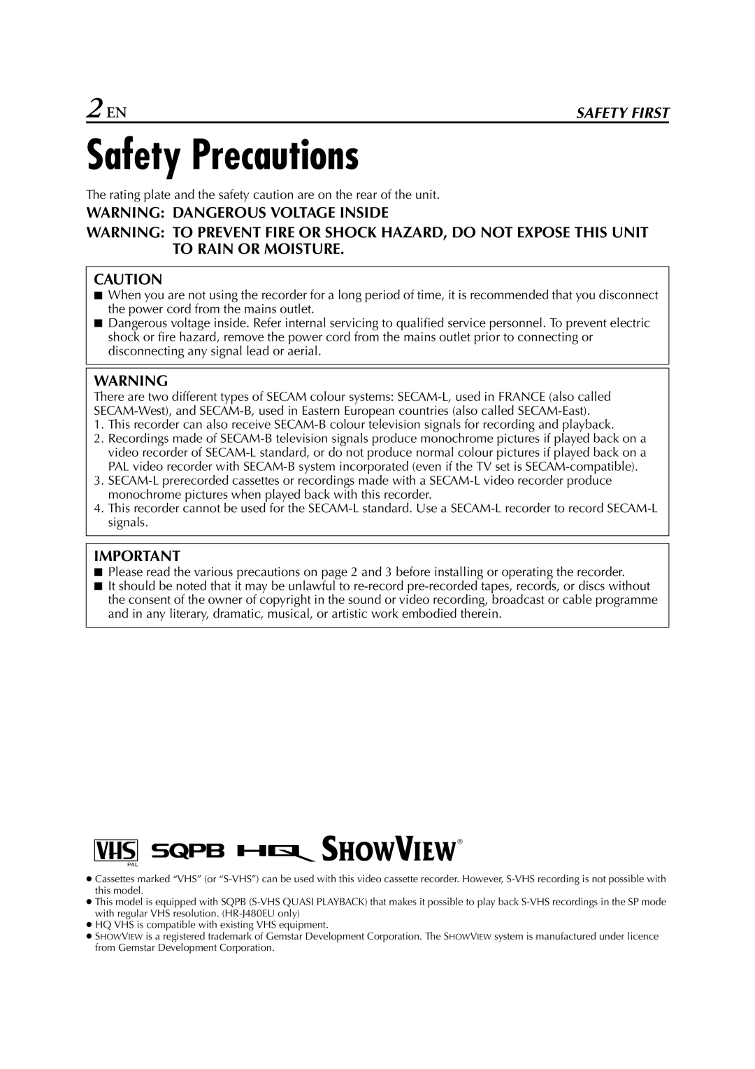 JVC HR-J281, HR-J289EU, HR-J280 specifications Safety Precautions 