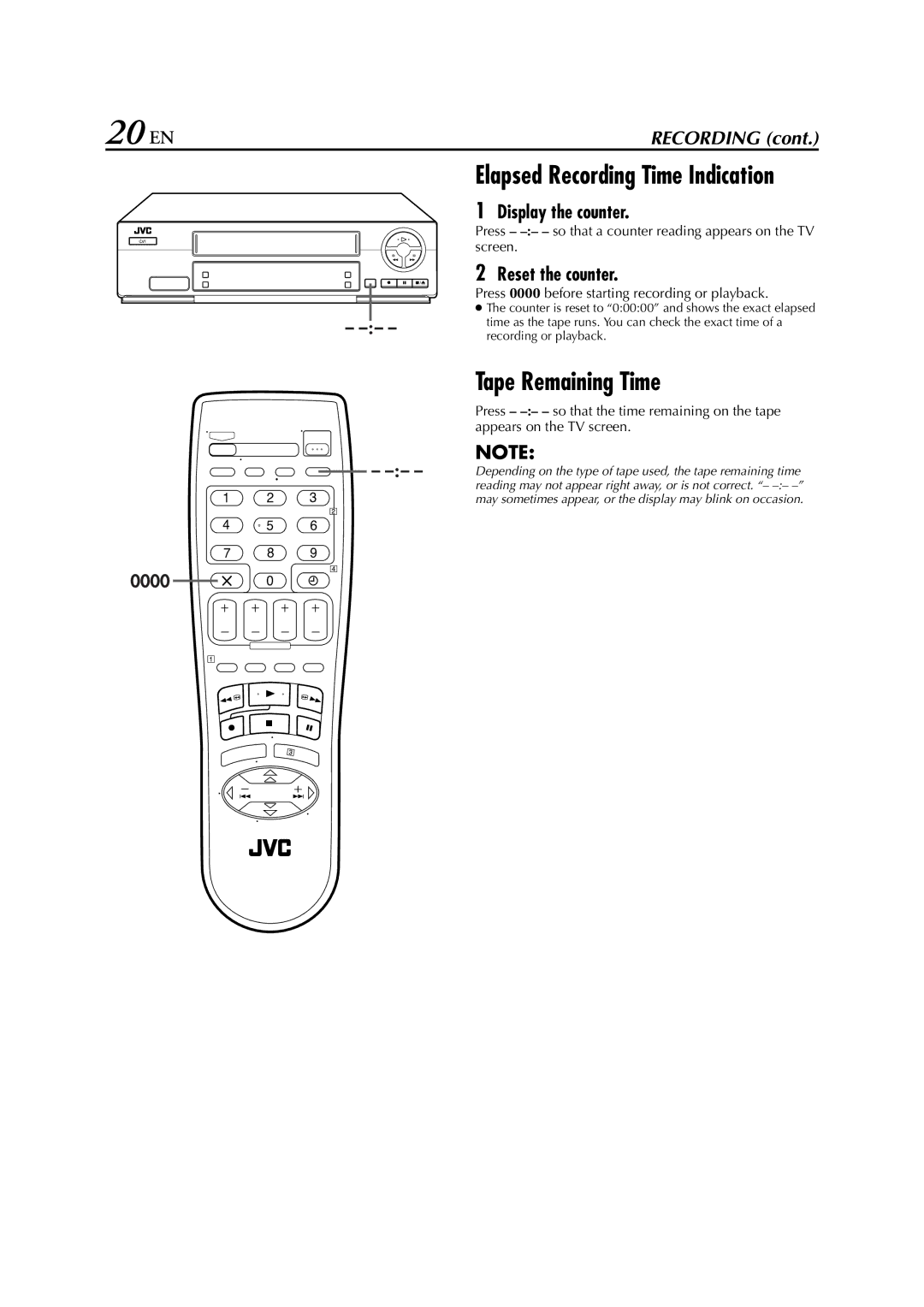 JVC HR-J281, HR-J289EU, HR-J280 specifications 20 EN, Tape Remaining Time, Display the counter, Reset the counter 