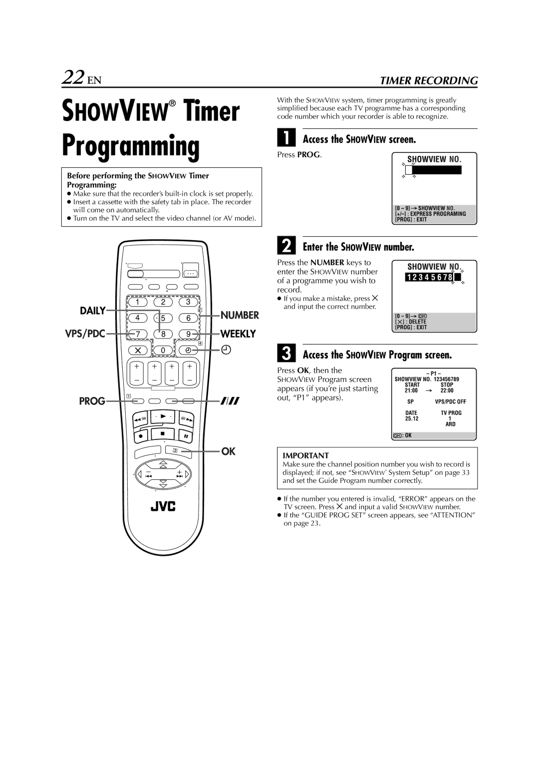 JVC HR-J280 22 EN, Access the Showview screen, Enter the Showview number, Before performing the Showview Timer Programming 