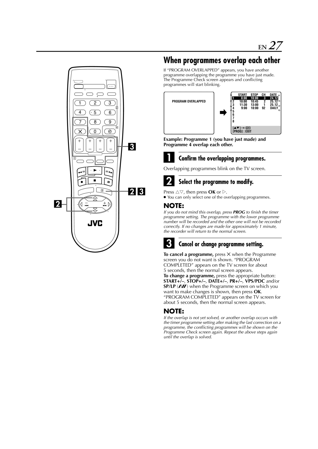 JVC HR-J289EU Confirm the overlapping programmes, Select the programme to modify, Cancel or change programme setting 