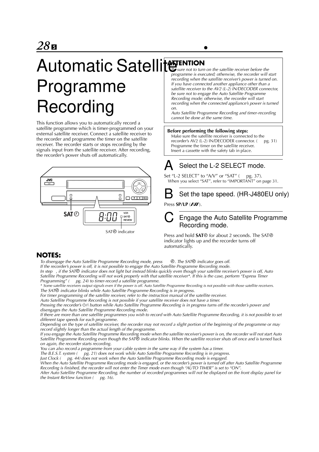 JVC HR-J280, HR-J289EU, HR-J281 28 EN, Select the L-2 Select mode, Engage the Auto Satellite Programme Recording mode 