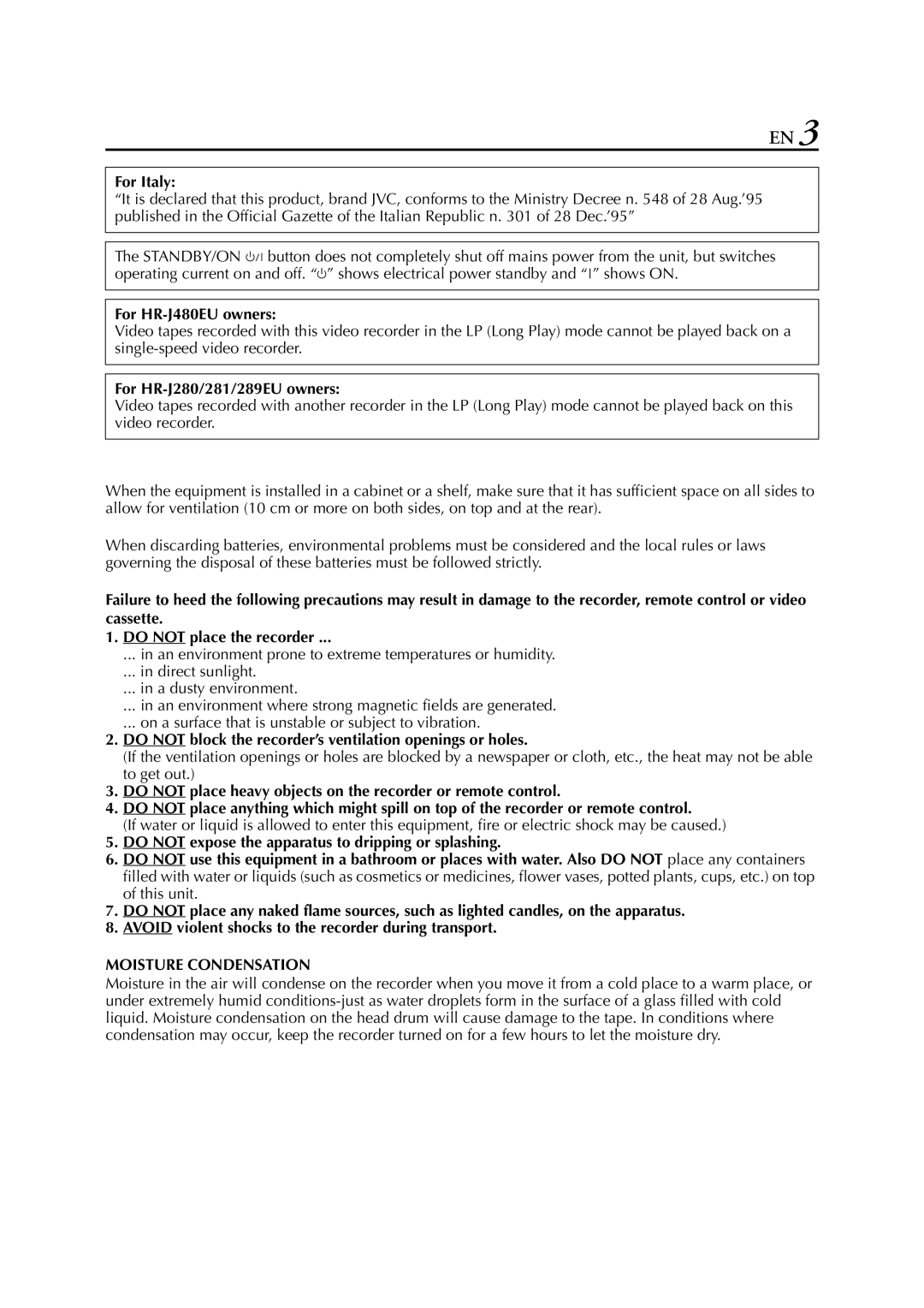 JVC HR-J289EU, HR-J280, HR-J281 specifications Moisture Condensation 