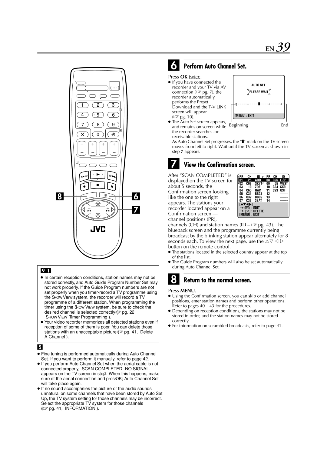 JVC HR-J289EU, HR-J280, HR-J281 specifications Perform Auto Channel Set, View the Confirmation screen, Press OK twice 