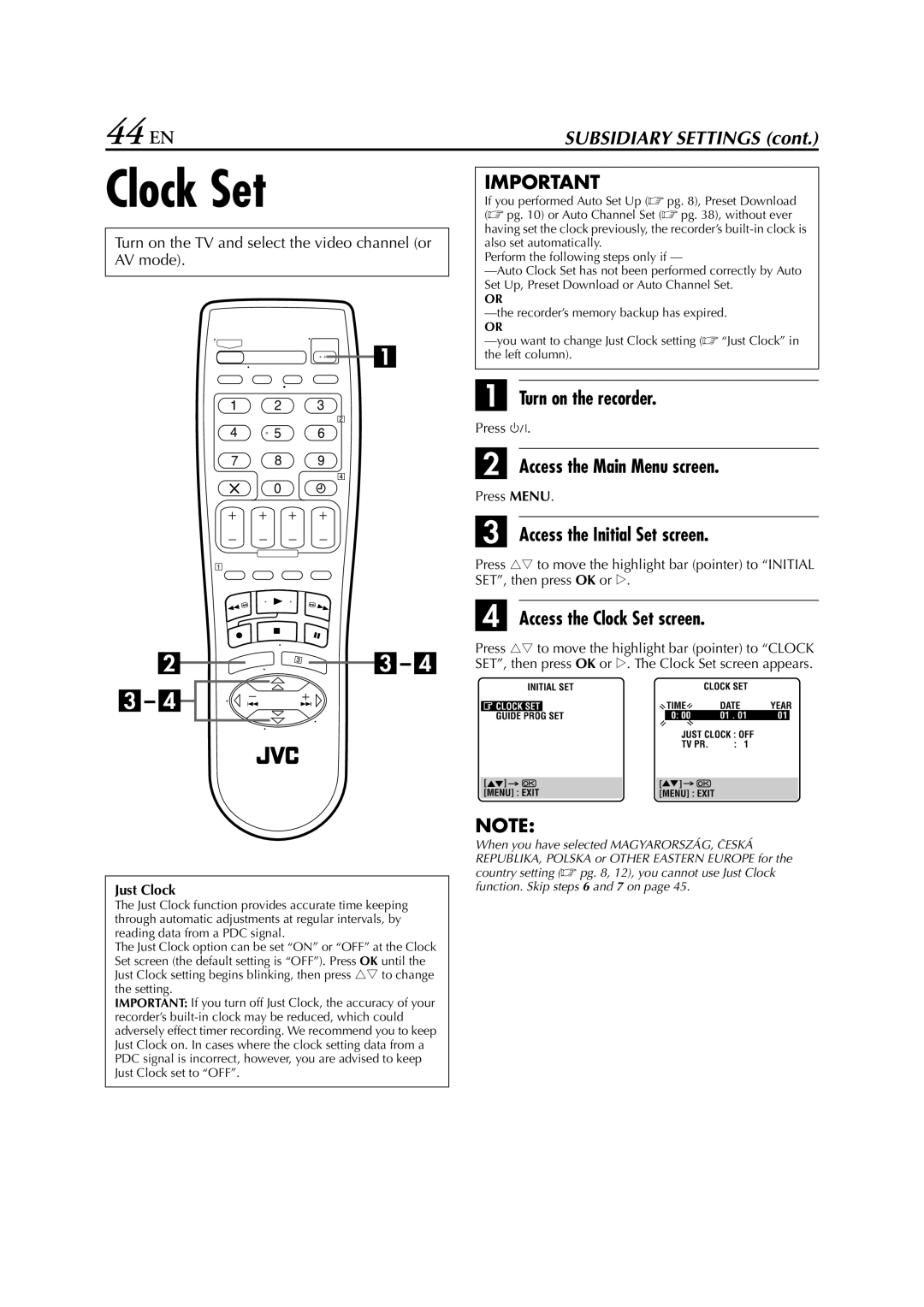 JVC HR-J281, HR-J289EU, HR-J280 specifications 44 EN, Access the Clock Set screen 